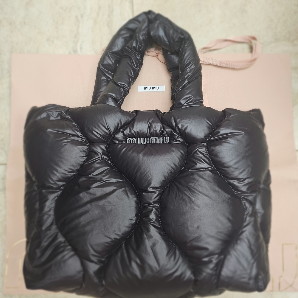 Miu Miu Shiny Black Quilted Heart Puffer Tote with Receipt